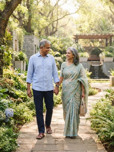 Clean editorial photography of a mature Indian couple walking in a sunlit garden, bright natural daylight, soft blue and green tones, 35mm