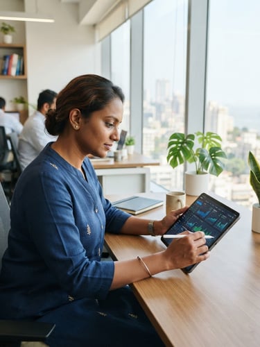 A professional Indian wealth advisor in a clean, sunlit modern office, reviewing a digital dashboard on a tablet, bright natural daylight, 35mm