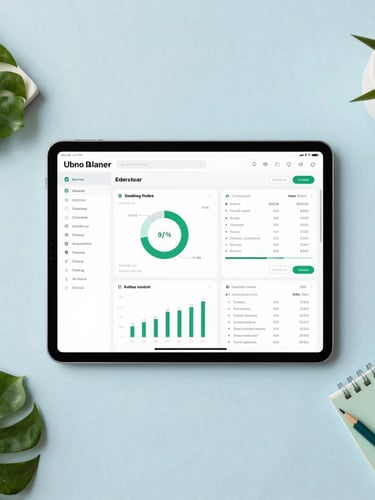Clean editorial overhead flat-lay of a modern Indian workspace with a tablet displaying a financial planner dashboard, soft daylight, green accents, 35mm