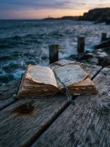 A close-up of a weathered book lying open on a salt-scoured wooden dock at twilight, ocean water softly splashing in the background, moody 35mm film grain.
