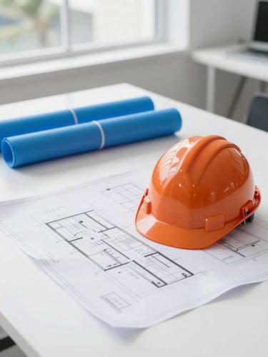 Bright high-key architectural photograph of a modern workspace in Jacksonville, blueprints spread on a white table, vibrant orange safety helmet and blue rolled plans in the background, natural daylight.