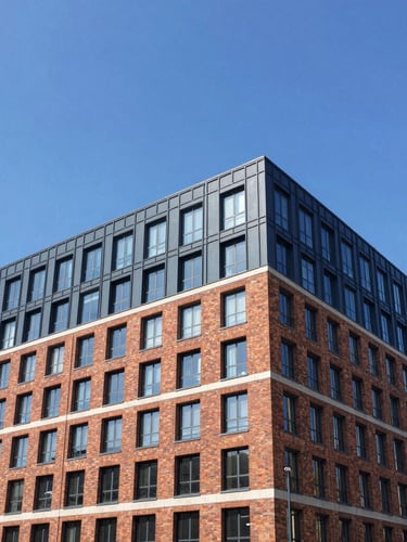 Bright architectural photo of a modern brick and glass mixed-use development, crisp natural daylight, clean blue sky, sharp focus.