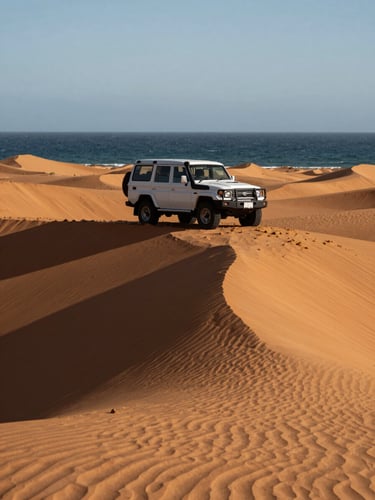 Low-angle shot of a pristine white 4x4 parked on a towering ochre dune ridge, deep graphic shadows, harsh midday light, vast Atlantic ocean visible in the background.