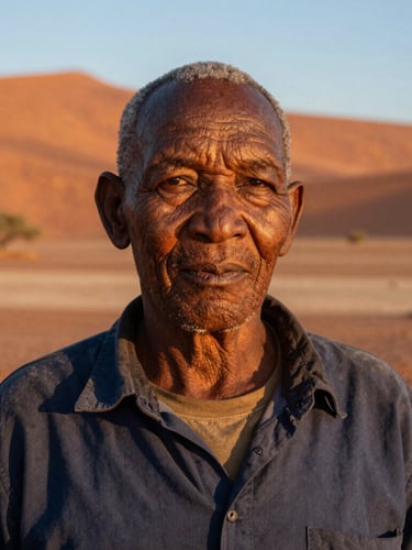 A close-up portrait of a veteran Namibian guide squinting against the golden-hour sun, weathered features, deep ochre desert backdrop, warm editorial photography, 35mm lens.