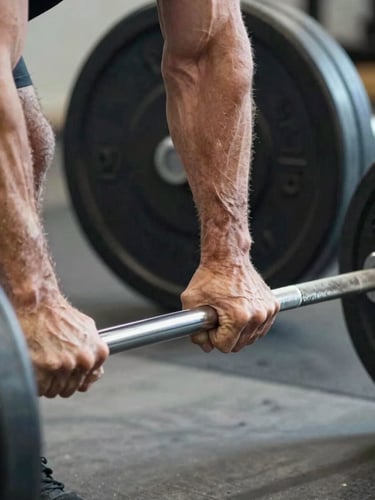Close framing of a 50-plus man's hands gripping a barbell at the start of a deadlift, knuckles white with tension, tungsten gym light raking across forearm musculature, iron plates slightly out of focus behind, concrete floor visible at the lower edge