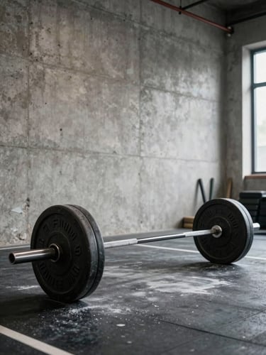Close frame, wide shot of a training space interior — a barbell racked at hip height, chalk dust settling in tungsten gym light, no person present, weight plates in sharp focus, rough concrete walls in background