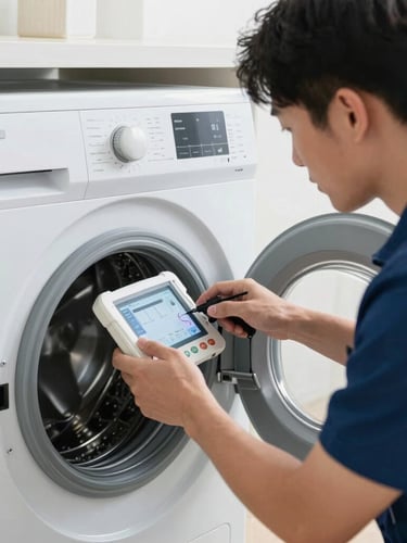 Medium shot of a professional technician's hands using diagnostic equipment on a modern washing machine, clean documentary photography, bright natural indoor light, sharp focus
