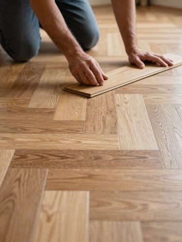 Low-angle close-up of a craftsman laying premium oak herringbone parquet, natural daylight reflecting off the matte wood texture.