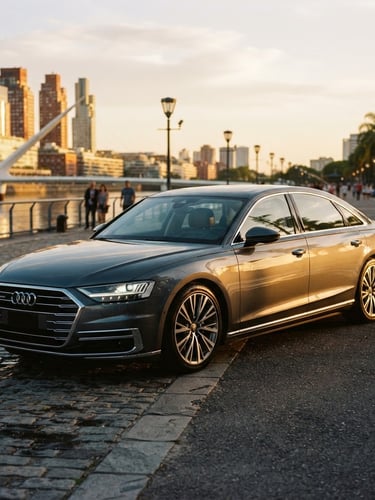 Low-angle elegant automotive photography of a premium clean sedan parked in Puerto Madero at golden hour, warm light reflecting on the graphite metallic paint, 35mm