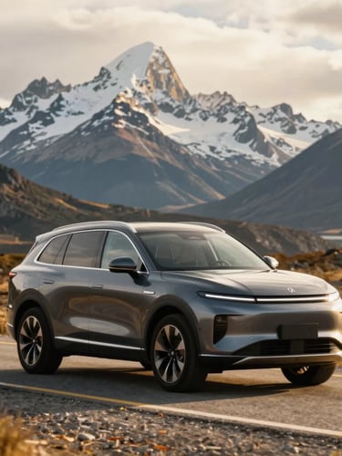 Spotless modern SUV driving on an open scenic road in Argentine Patagonia, dramatic snow-capped mountains in the background, soft overcast daylight, 35mm