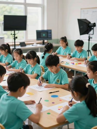 Dynamic wide shot of children participating in an organized creative workshop under bright natural light, with professional monitors in clean teal uniforms.