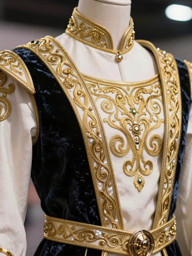 Close-up shot of a premium, custom-designed fantasy character costume with intricate gold embroidery and velvet fabrics, captured under bright professional event lighting