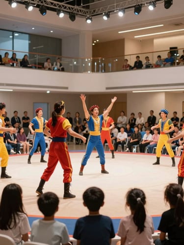 Dynamic wide shot of professional circus performers in vibrant costumes entertaining a crowd of children in a bright, modern corporate event hall, warm stage lighting.
