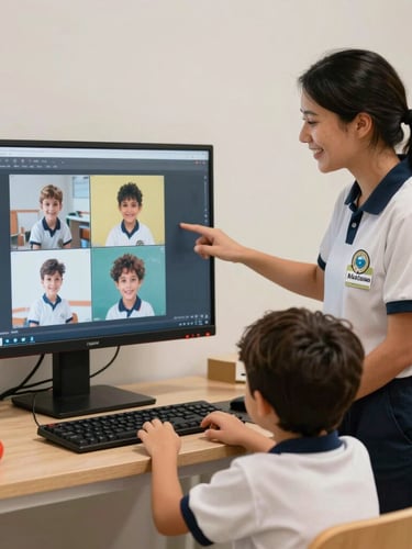 Plano médio de uma monitora sorridente com uniforme limpo e crachá visível auxiliando uma criança a colocar equipamentos de proteção lúdicos em um espaço de recreação seguro.