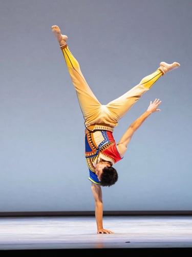 Wide dynamic shot of a professional circus performer in a colorful, immaculate costume executing an acrobatic move, bright stage lighting, clean composition.