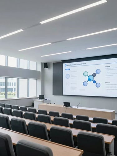A wide-angle architectural photograph of a modern medical lecture hall, cool-toned daylight streaming through linear windows, sharp focus on rows of empty premium seating and a large digital screen displaying clean molecular data visualizations, 35mm lens.