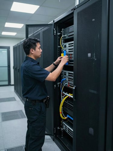 Wide environmental shot of a government IT technician in uniform performing scheduled maintenance on an open server rack in a secure facility corridor, tools laid out, cool task lighting from above, no face visible