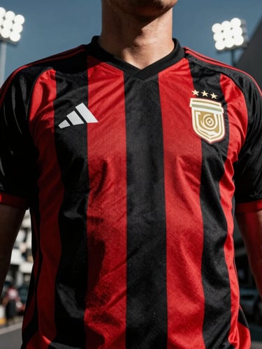 Low-angle shot of a supporter wearing an Argentina national team jersey in an urban street setting, high-contrast athletic photography, dramatic shadows, 35mm
