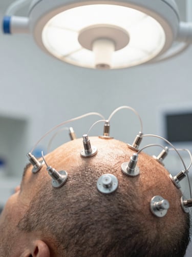 Extreme close-up of EEG scalp electrodes attached to a patient's head during clinical monitoring, silver electrode contacts and connecting leads in sharp focus, clinical overhead lighting, no face visible, stark white clinical environment
