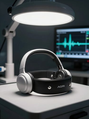Studio-lit AGRI EEG headset device resting on a clinical monitoring station, stark cool overhead lighting revealing electrode precision, dark background with a faint teal glow from an adjacent screen displaying live waveform data, no people visible