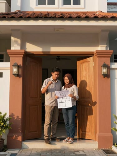 Close medium shot of a couple standing at the open terracotta-painted front door of a cluster home in Pekanbaru, man holding a key, woman holding a folded floor plan, morning golden-hour light washing the facade from the left, street paving visible in foreground