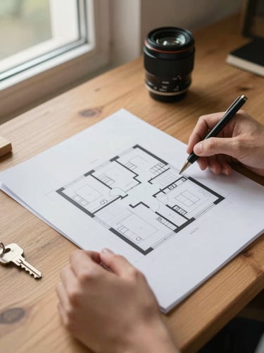 Close-up of hands holding an open floor plan document on a wooden table, natural window light from the left, a door key resting beside the paper, warm daylight tones, shallow depth of field showing the printed floor plan lines clearly