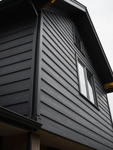 Low-angle shot of clean, deep charcoal fiber-cement siding panels on a modern home, dramatic overcast daylight, high-contrast exterior details, 35mm