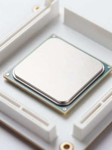 Macro close-up of a clean, internal computer component, such as a CPU on a motherboard, under bright studio lighting, sharp focus, minimalist white and light gray tones.