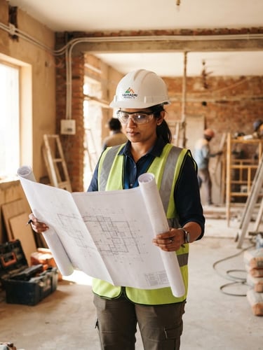 Medium shot of a civil engineer in a hard hat holding blueprints, standing inside a bright, naturally lit home renovation site in Satara, editorial construction photography, warm earth tones, 35mm lens