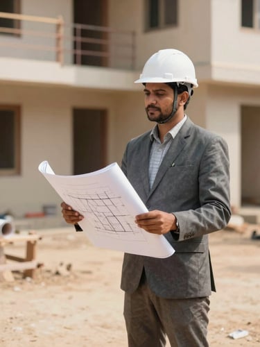 A professional civil engineer wearing a white safety helmet and holding architectural blueprints, standing on a bright, daylight-filled residential renovation site in Satara, warm earth tones