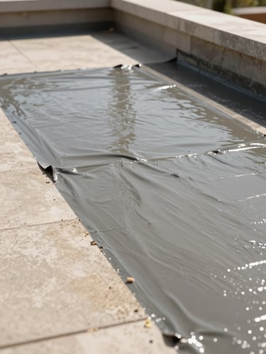 Close-up of a professional applying high-quality waterproofing membrane to a concrete roof terrace, bright natural daylight, sharp focus, editorial construction photography