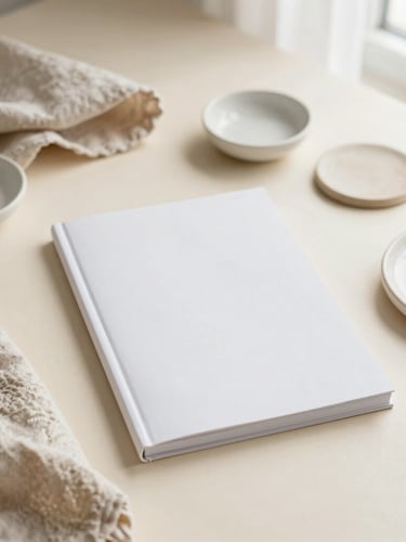Overhead flat-lay of textured linen fabrics, ceramic samples, and a minimalist design journal on a warm cream background, soft natural light