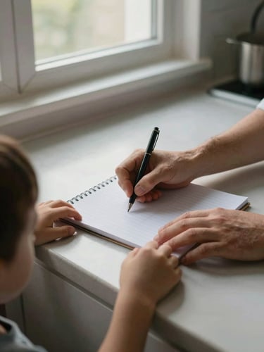 Close environmental shot from slightly above a kitchen counter — adult hands and a child's hands working together over a notebook, natural north-facing window light, domestic clutter visible at the edges, no faces shown
