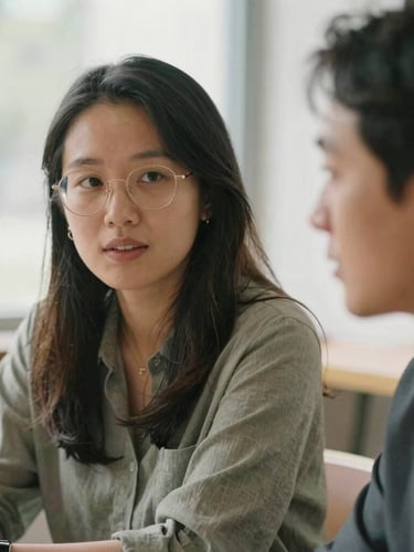 A close-up candid shot of two community leaders in collaborative discussion, soft natural daylight, muted organic tones, shallow depth of field