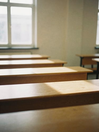 A quiet, warm editorial photograph of an empty, sunlit university seminar room with oak tables, soft window light, 35mm film grain.