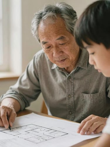 A close-up documentary portrait of an older mentor guiding a young student over architectural blueprints, warm natural side light, soft focus background