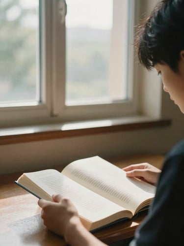 A close-up documentary photograph of a student reading in a sunlit university library, soft window light, warm editorial tones, shallow depth of field.
