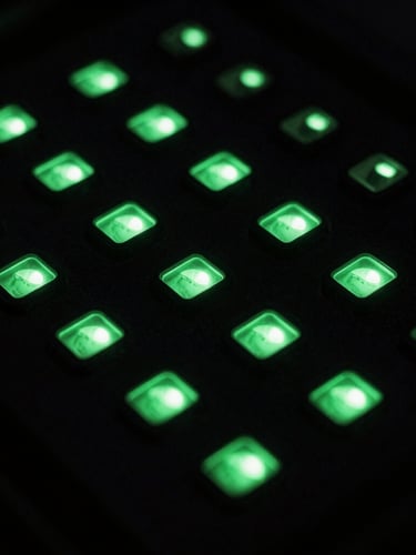 Macro close-up of high-end server hardware, neon green ambient status lights, deep obsidian shadows, technical precision, 35mm photography