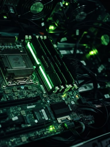 Macro close-up of high-end server hardware, neon green ambient backlighting, glowing status lights, deep shadows, 35mm photography