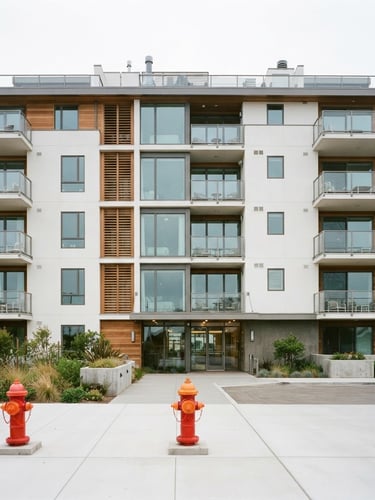 Straight-on architectural elevation of a modern coastal condominium building with clean lines, pristine fire hydrants visible in the foreground, crisp overcast daylight, high detail, 35mm