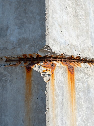 Close-up of concrete spalling and rusted rebar from salt-air corrosion on a coastal structure, sharp technical focus, bright daylight.