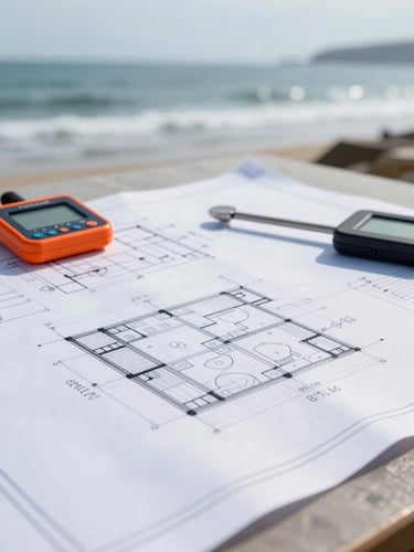 Close-up of technical blueprints laid out on a table with digital measuring tools, bright overcast coastal daylight, clean technical details, high detail, 35mm