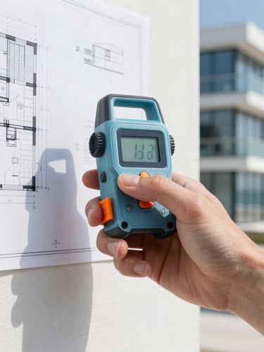Hands holding a digital laser distance meter against a modern building wall, architectural blueprints visible in background, clean technical framing.