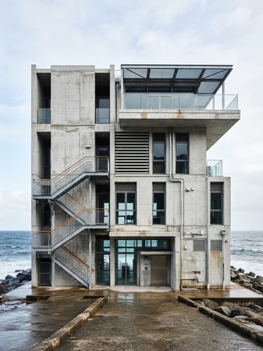 Straight-on architectural elevation of a modern concrete coastal building showing subtle salt-air weathering, crisp overcast daylight, high-contrast technical precision.