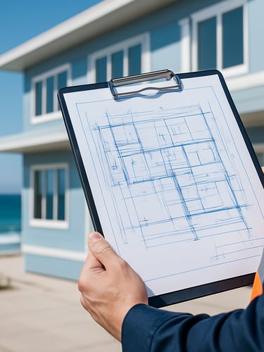 Close-up of a technical blueprint on a clipboard held by an inspector in front of a coastal commercial building facade, bright daylight, high detail.