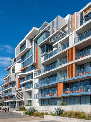 Sharp architectural photograph of a modern coastal building facade in bright daylight, clean technical lines, deep blue sky, high detail, 35mm