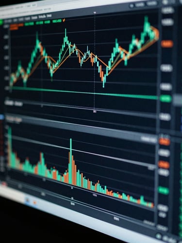 Macro close-up of a high-resolution trading terminal screen displaying complex quantitative charts, cool-toned low-key studio lighting with high contrast and subtle neon green glow, 35mm photography.