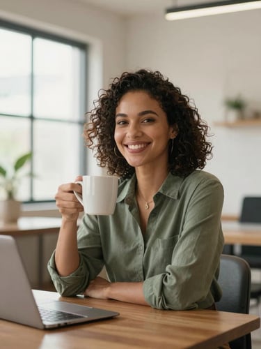 Approachable Brazilian accountant in a bright modern workspace, soft natural window light, smiling warmly, holding a coffee mug, 35mm editorial photography.
