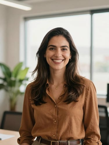 A warm portrait of a friendly Brazilian female accountant smiling, modern bright office with green plants, soft natural window light, editorial photography, 35mm