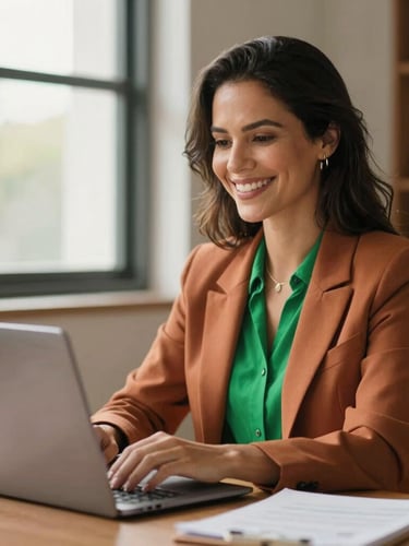 Warm editorial photography of a Brazilian business owner smiling at her desk with a laptop, soft natural window light, terracotta and green accents, shallow depth of field, 35mm